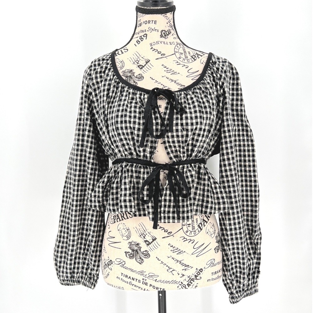 Storia Gingham Cropped Top Women's Small Black White‎ Tie Front NWT